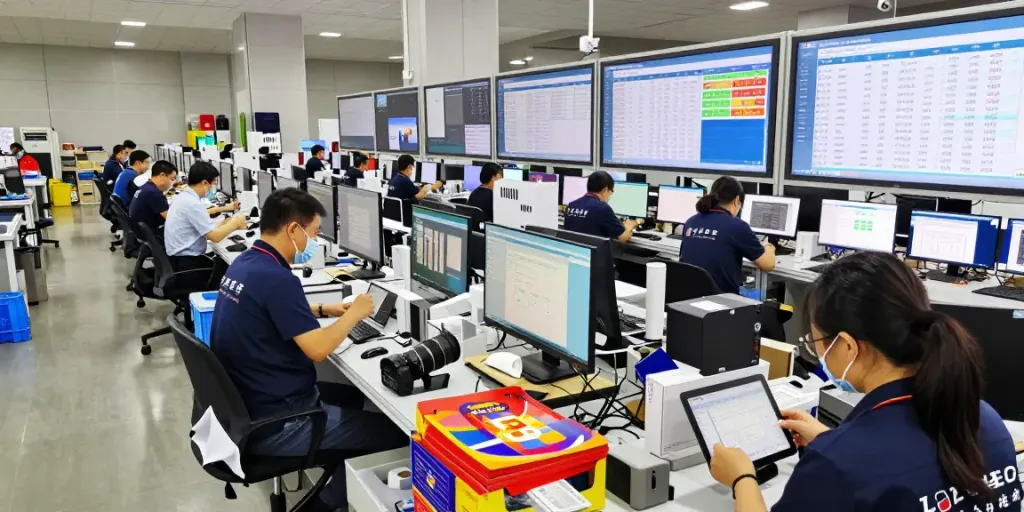 rokok88 link login showcasing a busy e-commerce electronics warehouse with quality assurance processes and international shipment tracking.