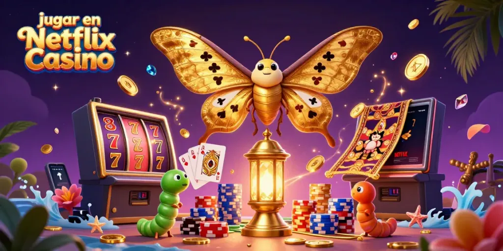 Juega en Netflix Casino con emocionantes tragamonedas y un ambiente vibrante lleno de oro y diversión.