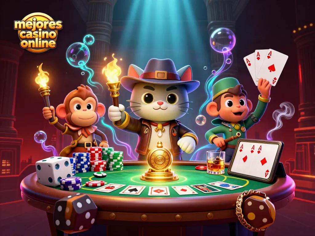 Explora los mejores casinos online mostrando un gato arqueólogo y un mono en un templo lleno de artefactos dorados.