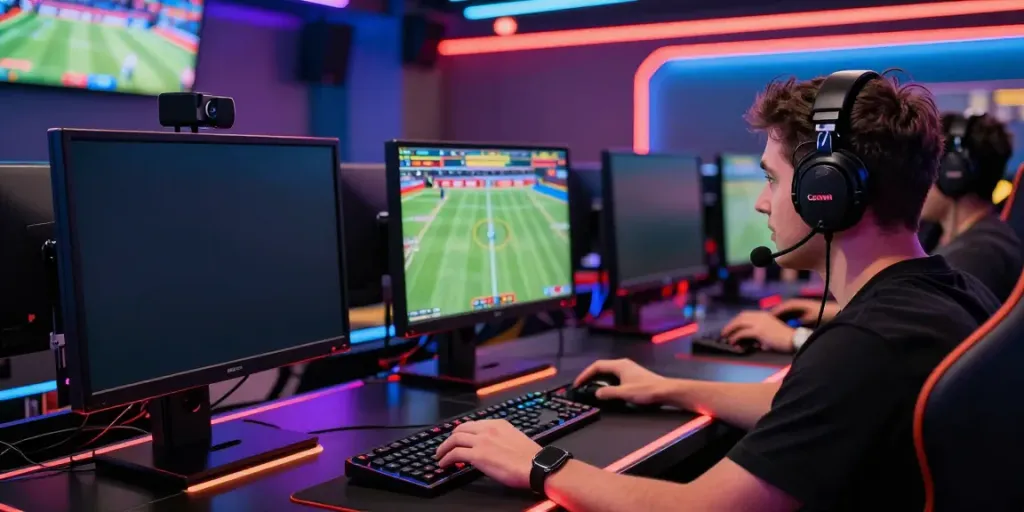 Engaged player at FC88 online gaming station, showcasing vibrant sports betting atmosphere.