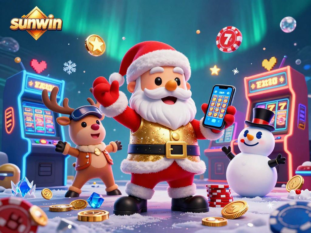 Experience sunwin with Santa, reindeer, and a snowman in a vibrant casino-themed scene.