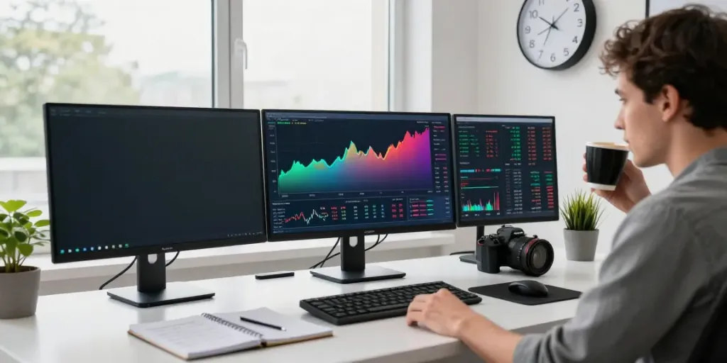 Entorno de trading de criptomonedas en Bronce Fondavío, con un trader analizando gráficos en tiempo real.
