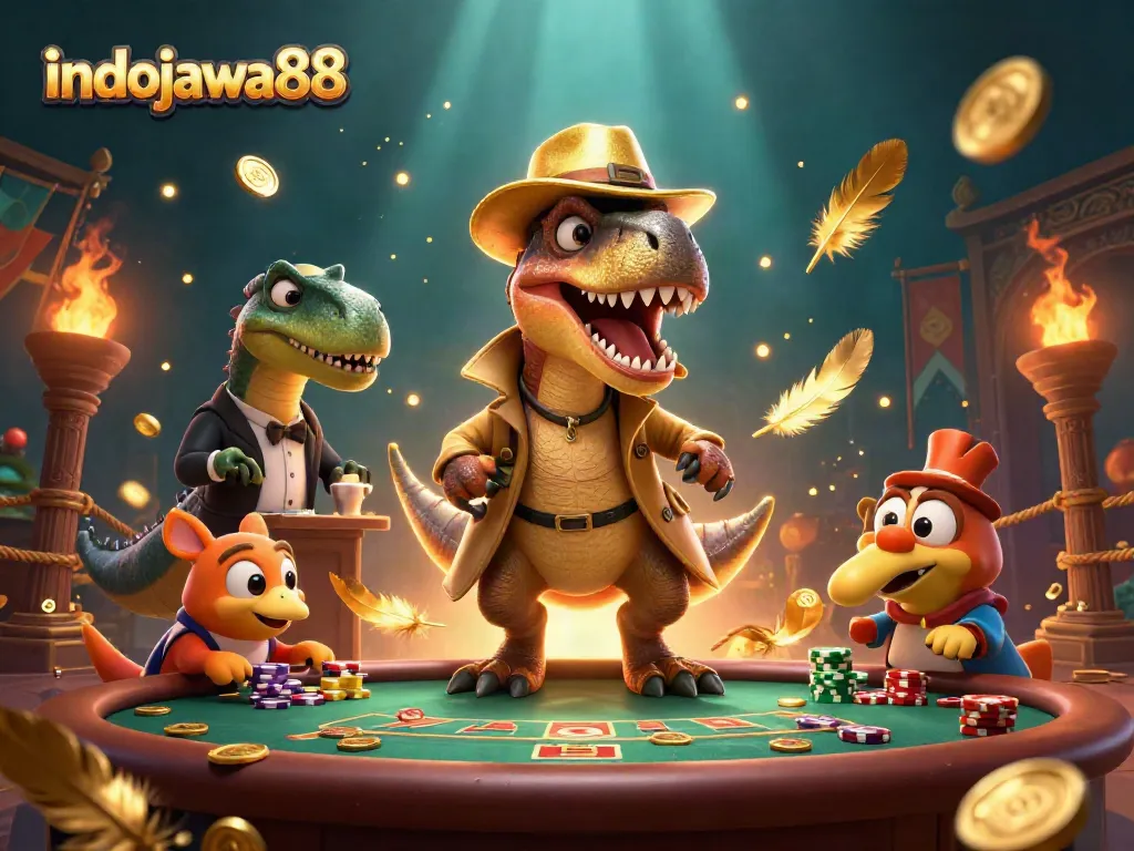 Indojawa88 menghadirkan aksi permainan kasino dengan velociraptor di blackjack dan pit boss stegosaurus.