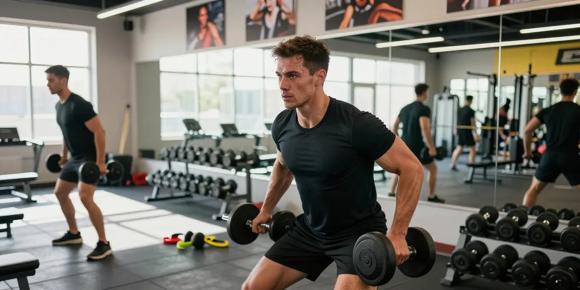 Entrenamiento en el gimnasio con Esteroidesshop, hombre levantando pesas y mostrando fuerza.