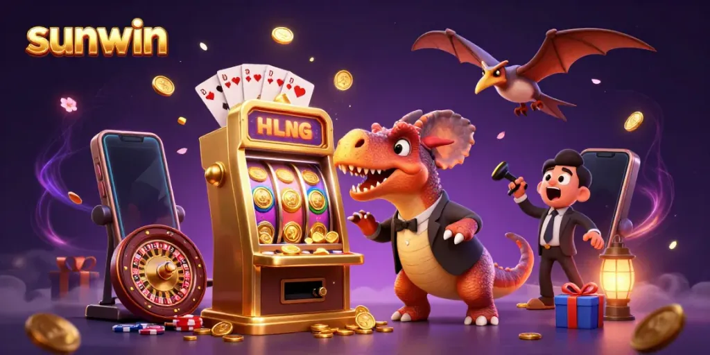 Experience big wins with Sunwin's vibrant 3D casino scene featuring dinosaurs and jackpots.
