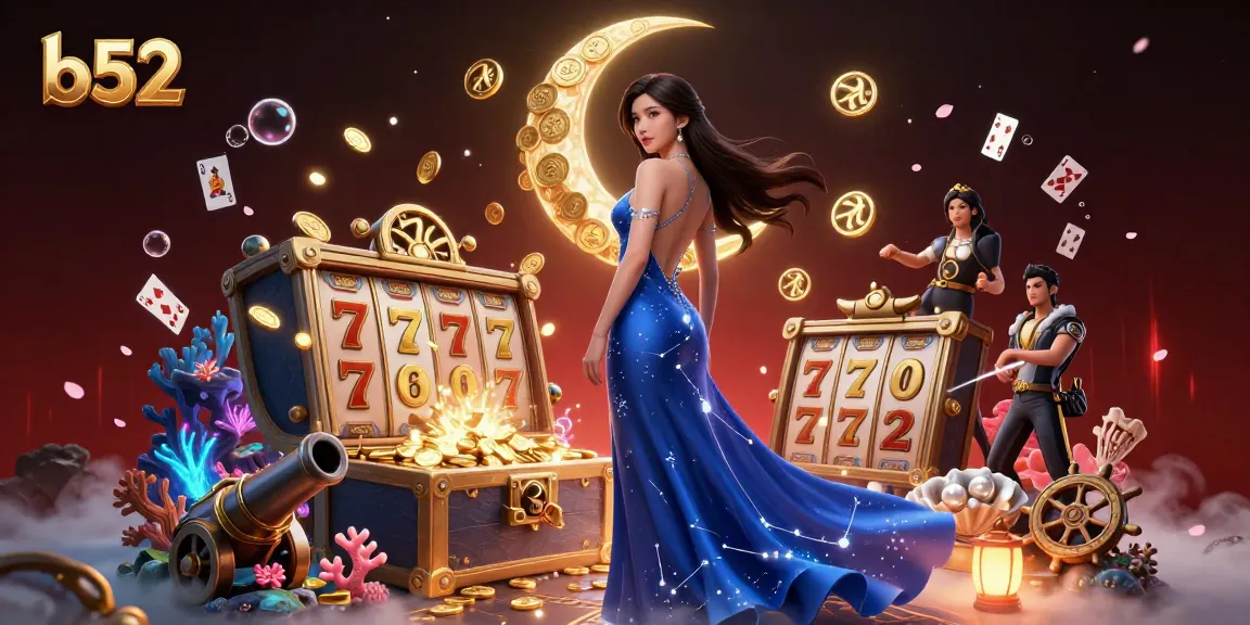 B52 slots jackpot scene with an elegant Asian woman amid glowing casino treasures and underwater elements.