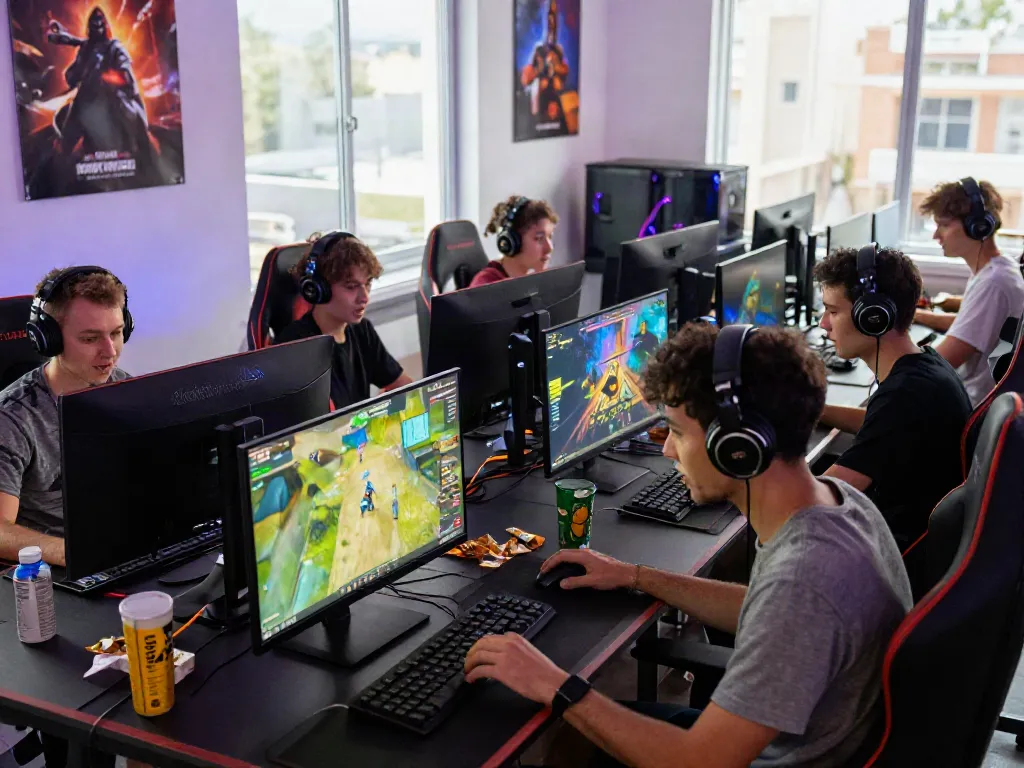Engaged players at gaming stations enjoying diverse games on https://man88.hair/ with vibrant atmosphere.