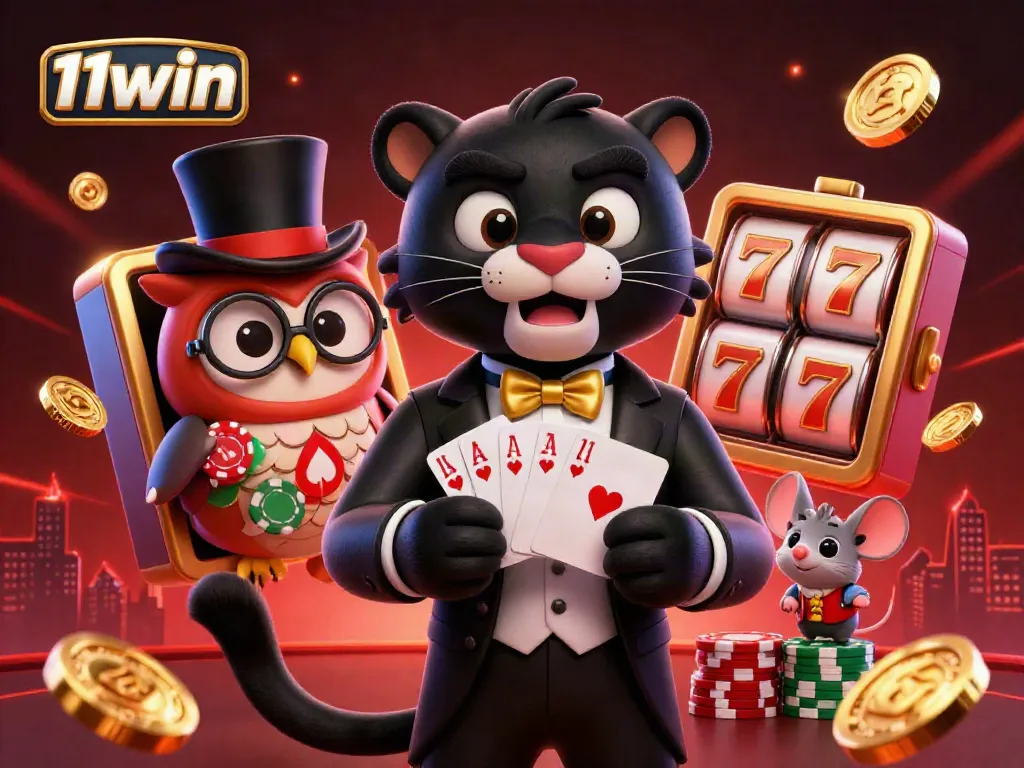 Participate in thrilling games at 11win with a stylish panther dealer and fun characters.
