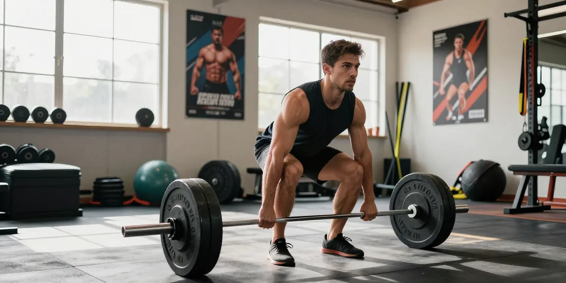 Entrenador levantando pesas en Esteroidesshop, demostrando fuerza y técnica adecuada en un entorno de gimnasio.