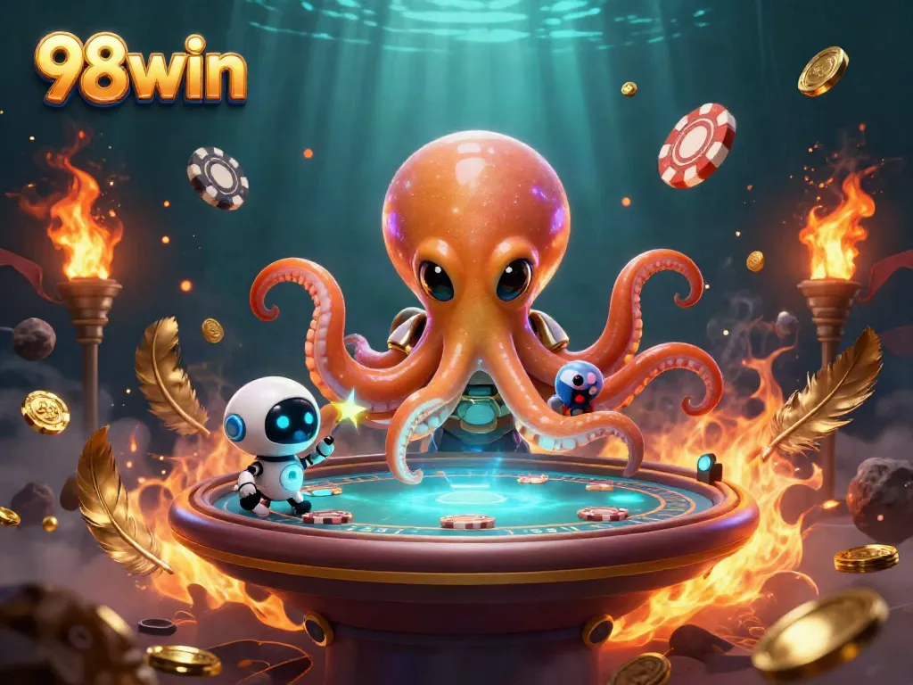 Engaging interactive scene of 98win casino with an alien octopus, poker table, and glowing gaming elements.