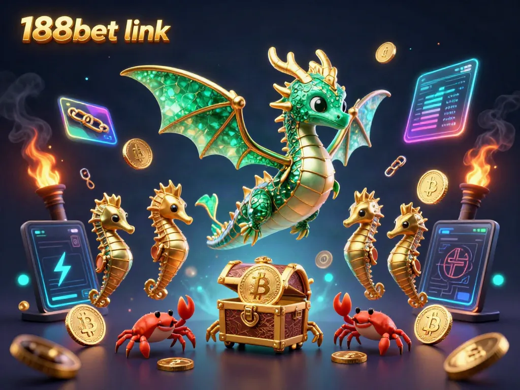 Engage with the 188bet link as the emerald sea dragon and its treasure surround vibrant cryptocurrency elements, showcasing casino excitement.