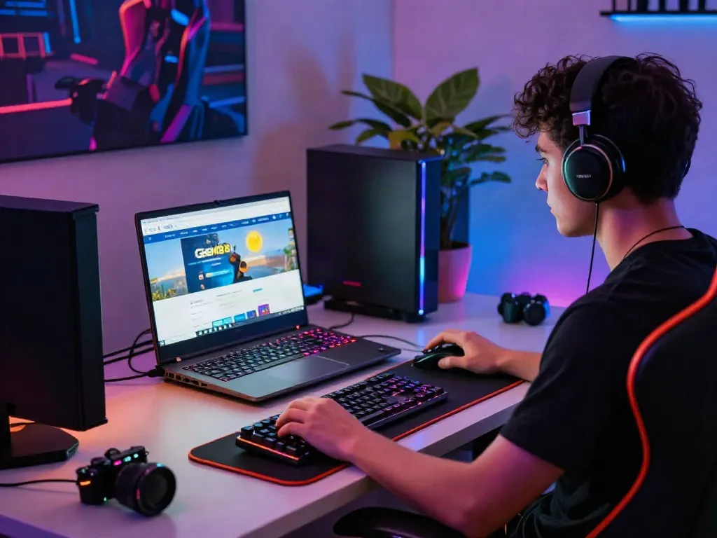 Engaging online gambling experience at https://gem88.bz/ with vibrant lights and gaming accessories.
