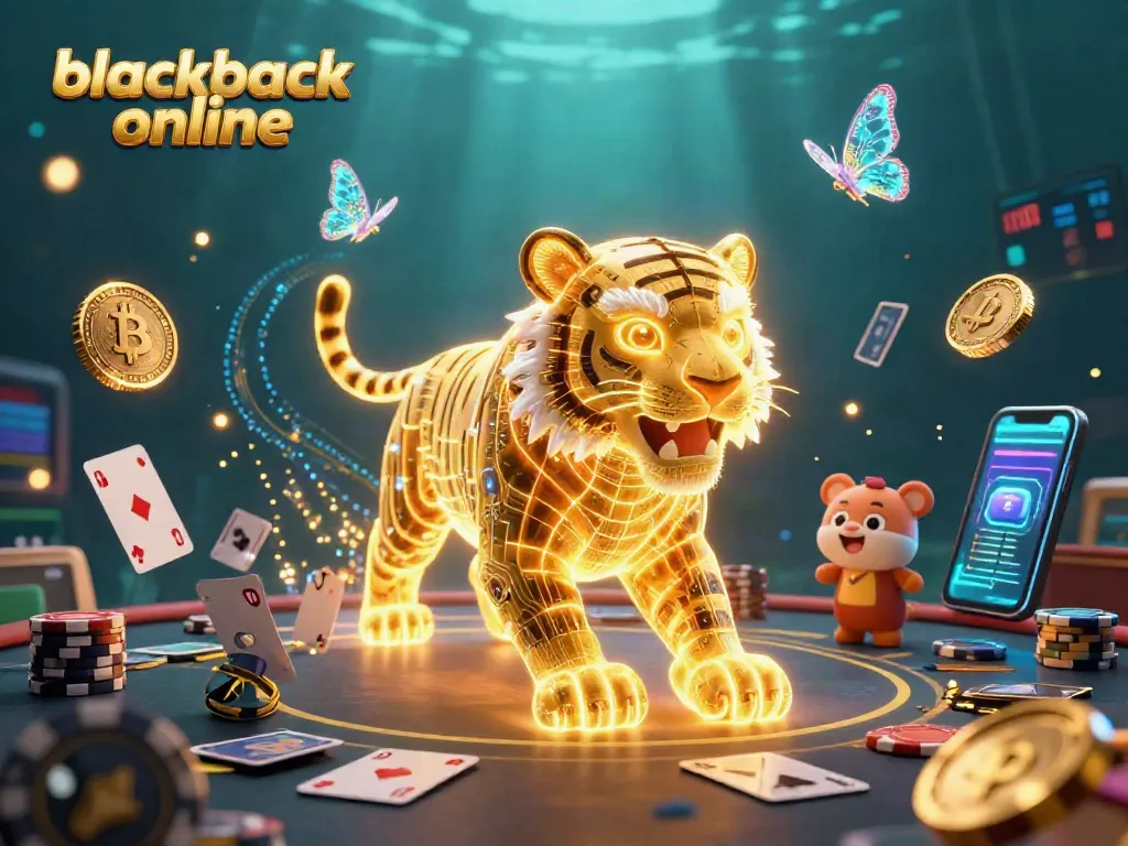 Juega blackjack online en un atractivo escenario digital con un tigre de luz y elementos de casino.