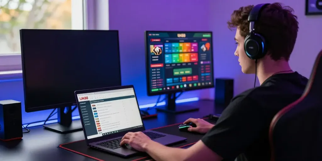 Player engaging with UK88 online betting interface at a modern gaming setup, showcasing excitement and technology.