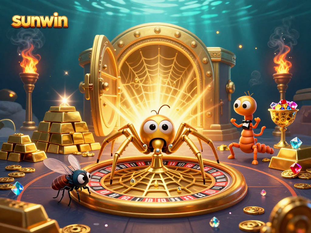 Experience the thrill of betting at sunwin with a golden spider and croupier in an exciting casino scene.