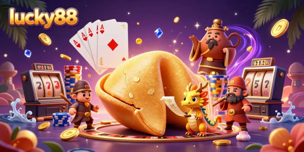 Engage with the lucky88 experience, uncovering treasures from a giant fortune cookie, surrounded by dynamic casino elements.