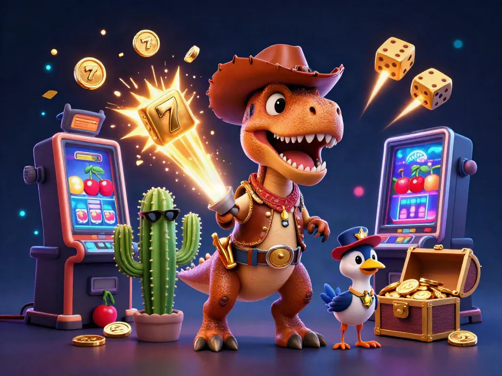 Engage in thrilling slots with 9bet's vibrant 3D casino scene featuring exciting characters and game elements.