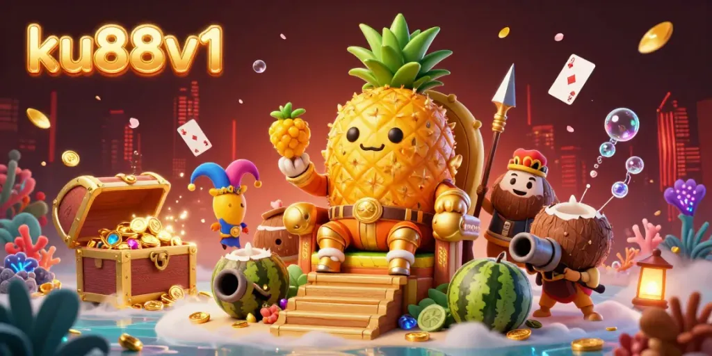 Join the fun at ku88v1 with vibrant characters in a thrilling gambling scene, including a pineapple king and jester.