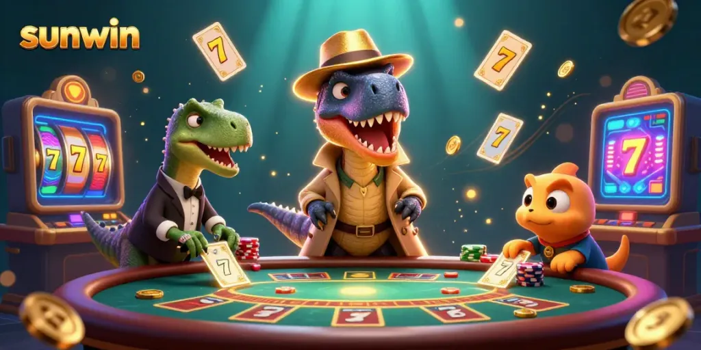 Win big at sunwin with a clever velociraptor card counter, surrounded by thrilling casino elements.
