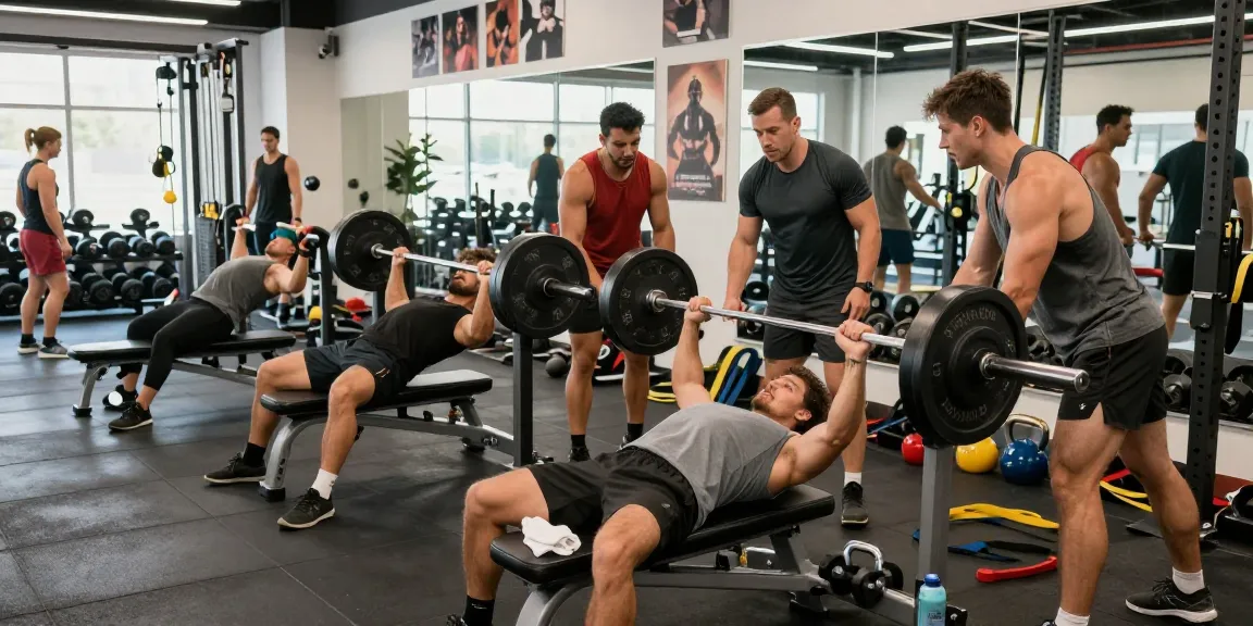 Atletas comprometidos en el centro de fitness Esteroidesshop realizando levantamiento de pesas, mostrando energía y camaradería.