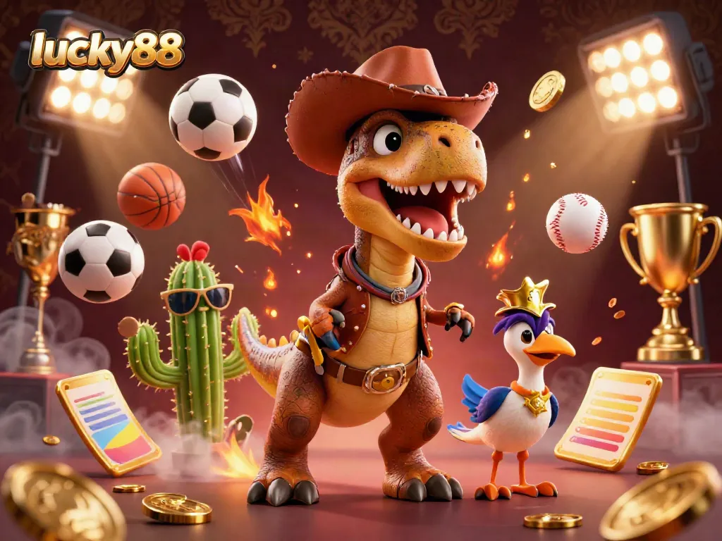 Experience the excitement of lucky88 with a vibrant casino scene featuring dynamic sports action and 3D characters.