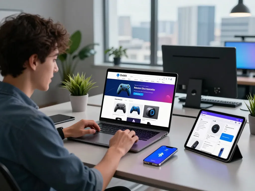 Youthful professional immersed in must-have tech gadgets review at modern workspace.