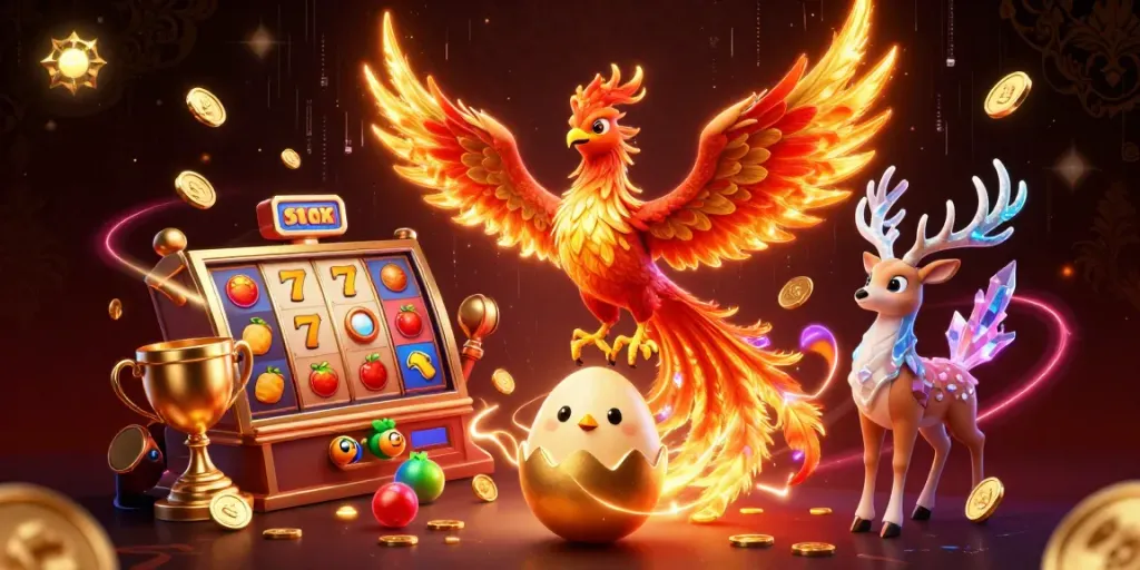 Engaging sun-themed illustration of a dynamic casino scene featuring a phoenix, jackpot slots, and vibrant colors.