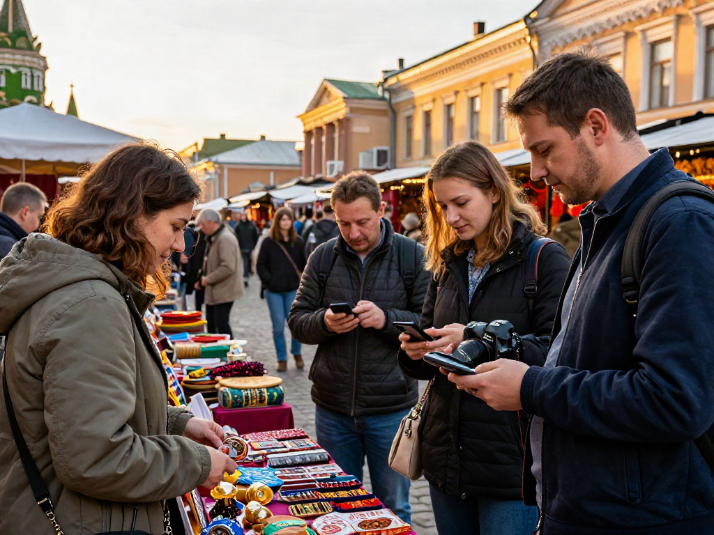 Exploradores en un mercado ruso utilizando https://payinrussia.com/ para realizar pagos, con colores vibrantes y arquitectura histórica.