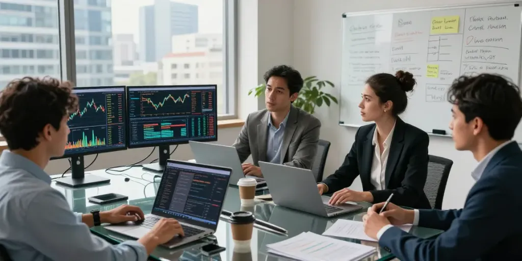 Discusión en grupo sobre tendencias del mercado en Phuwerte Inwersowia, con pantallas de gráficos en una oficina moderna.