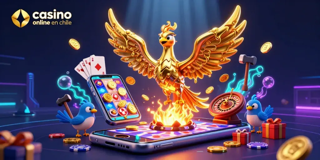 Imágenes de casino online en Chile con un fénix dorado, jugando tragamonedas y cartas.