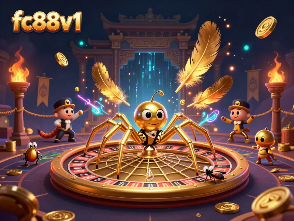 Place your bets at fc88v1 with a golden spider spinning a roulette web and vibrant casino elements.