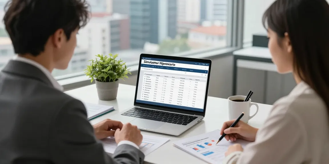 Engaging financial consultant demonstrating the simulador hipotecario to a couple in a modern office.