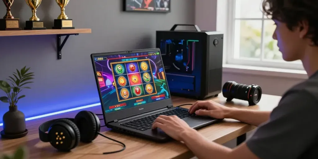 Engaging scene of a player immersed in a rokok88 slot game, vibrant visuals on screen, modern gaming setup.