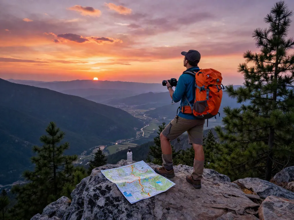 Vista del valle desde la cima de la montaña con el viajero siera kaudalor disfrutando la aventura al atardecer.