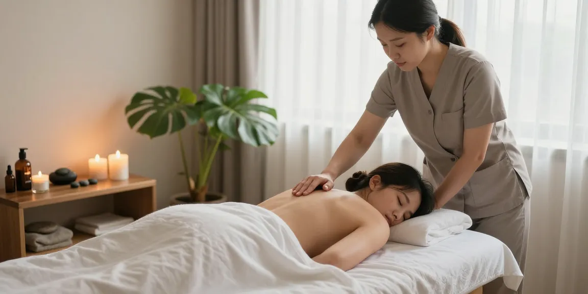 Relaxing 김포출장마사지 session in a serene wellness room with candles and plants.