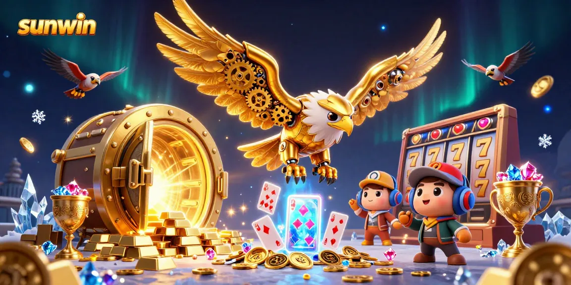 Experience exhilarating gameplay with sunwin's vibrant 3D illustration showcasing a cybernetic eagle and casino elements.