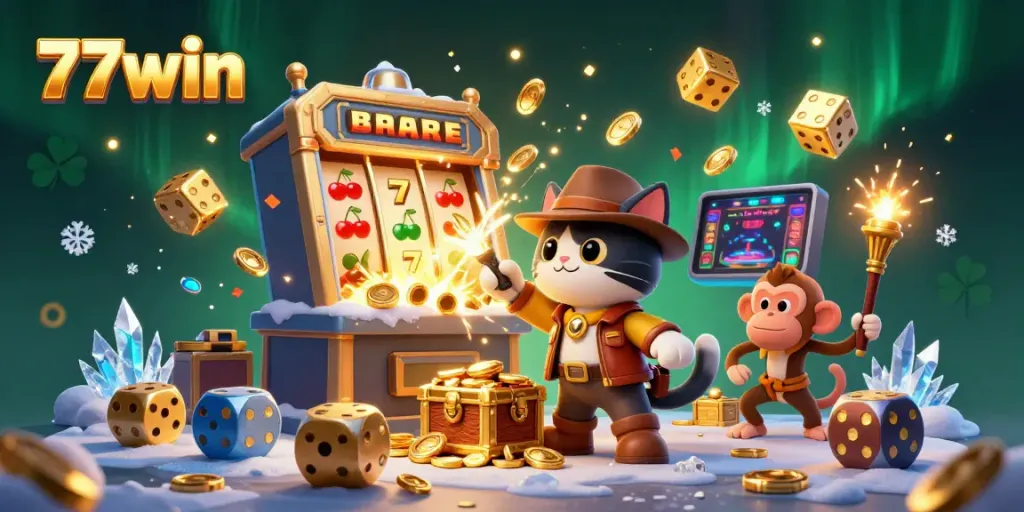 Engage with thrilling 77win adventures in a vibrant casino-themed temple scene, showcasing an archaeologist cat and a playful monkey.
