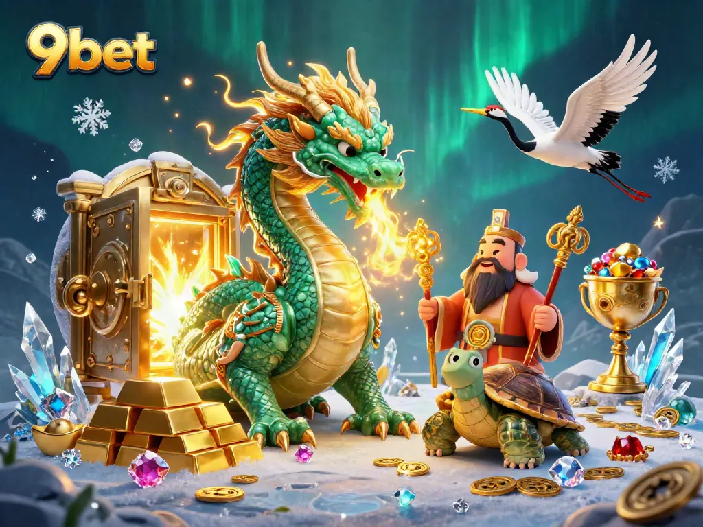 Experience the magical realm of 9bet with a jade dragon and turtle sage amidst treasures