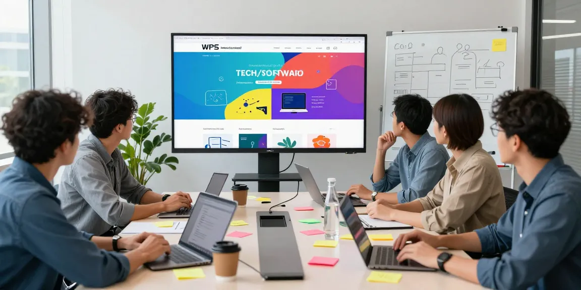 Diverse team collaborating in a modern office discussing the WPS Official Website interface.