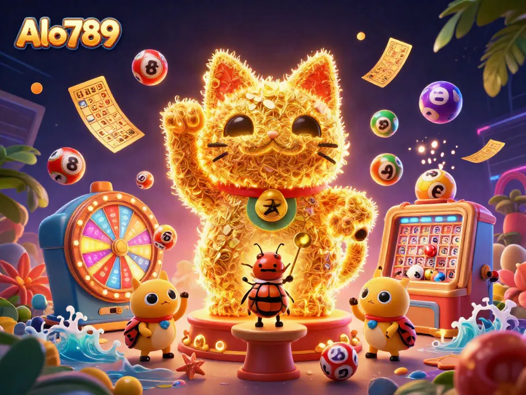 Win big with Alo789 at this vibrant casino scene showcasing a lucky cat with casino symbols.