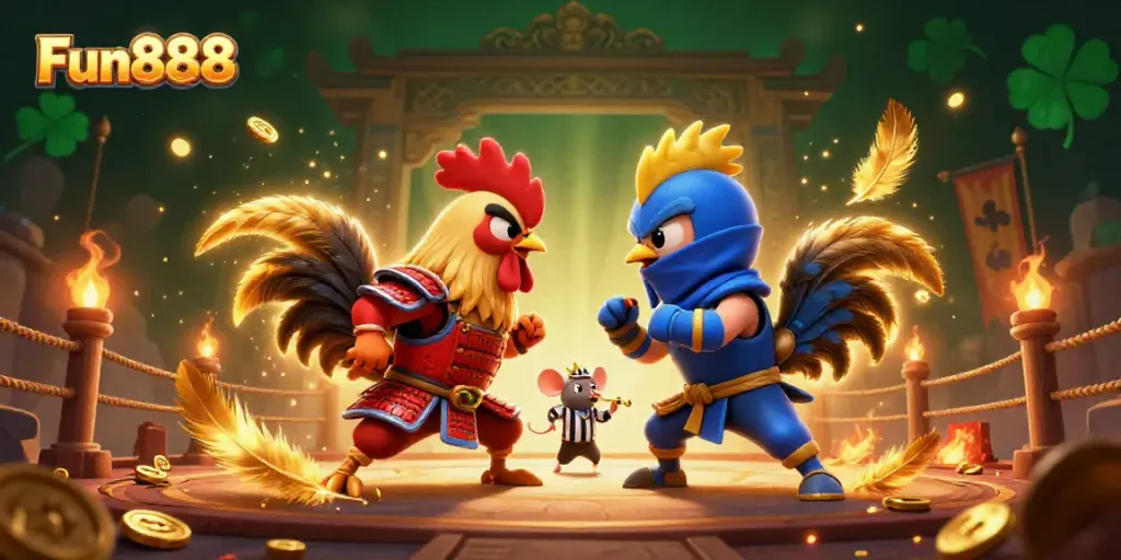 Experience fierce excitement with Fun888 as roosters face off in an epic betting arena scene.