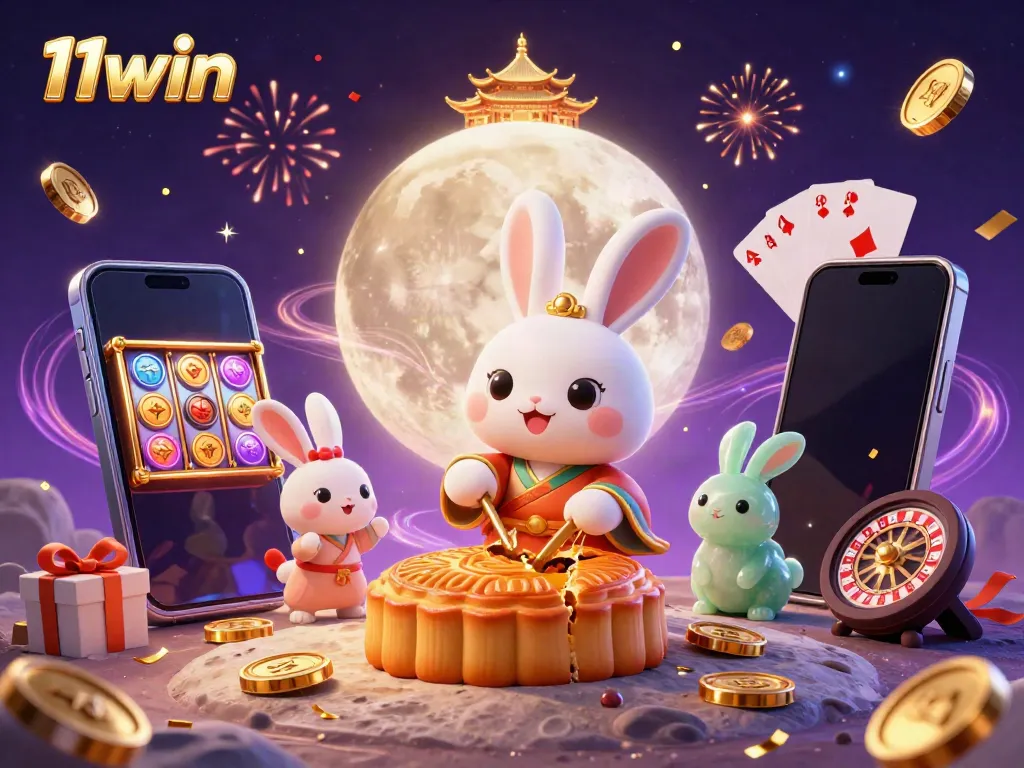 Engage in thrilling gaming adventures at 11win as the moon rabbit reveals poker chips from mooncakes.