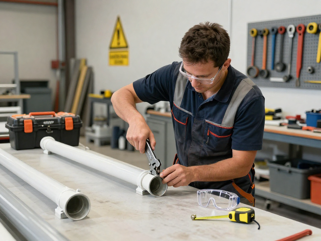 Instalador usando mordaza Rothenberger en taller, herramientas y ambiente profesional