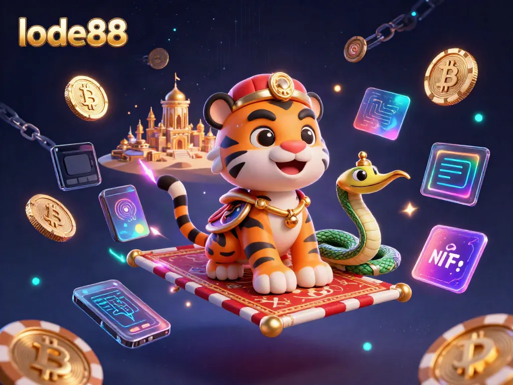 Win big with lode88, showcasing a vibrant casino scene with characters, cryptocurrency elements, and a magical backdrop.