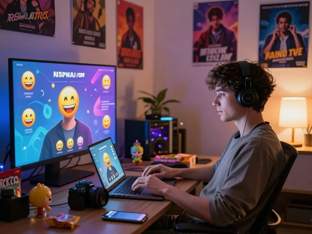 Engaged user in cozy room enjoying nsfw chat with AI avatars and vibrant decor.