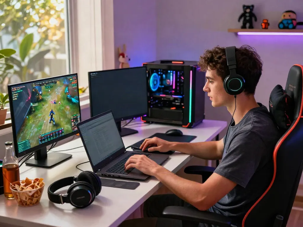 Engaging online gaming experience at home with https://nbet.group/ setup, showcasing modern gaming accessories and vibrant atmosphere.