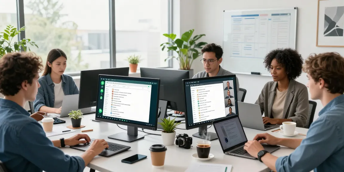 Engaged professionals using WhatsApp電腦版 in a collaborative tech workspace to enhance communication.