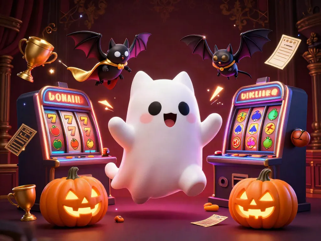 Play games on gem88 as a ghost cat ventures through a haunted casino filled with festive jack-o-lanterns.