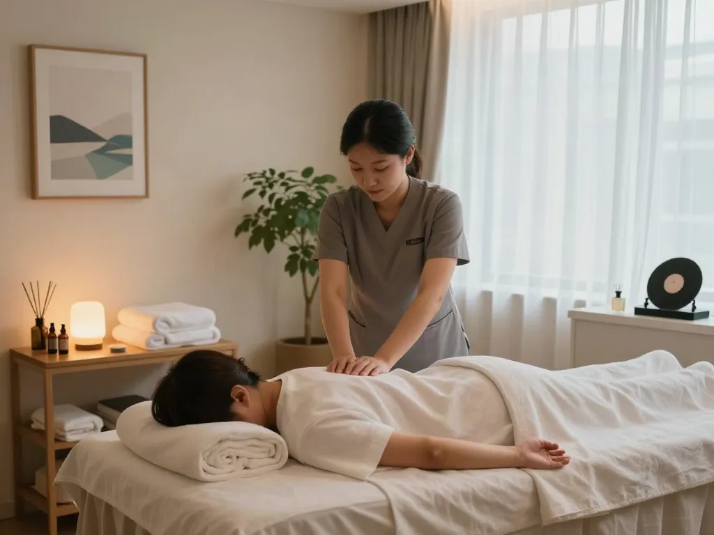 신촌출장안마 massage therapy session in peaceful urban wellness studio with calming decor.