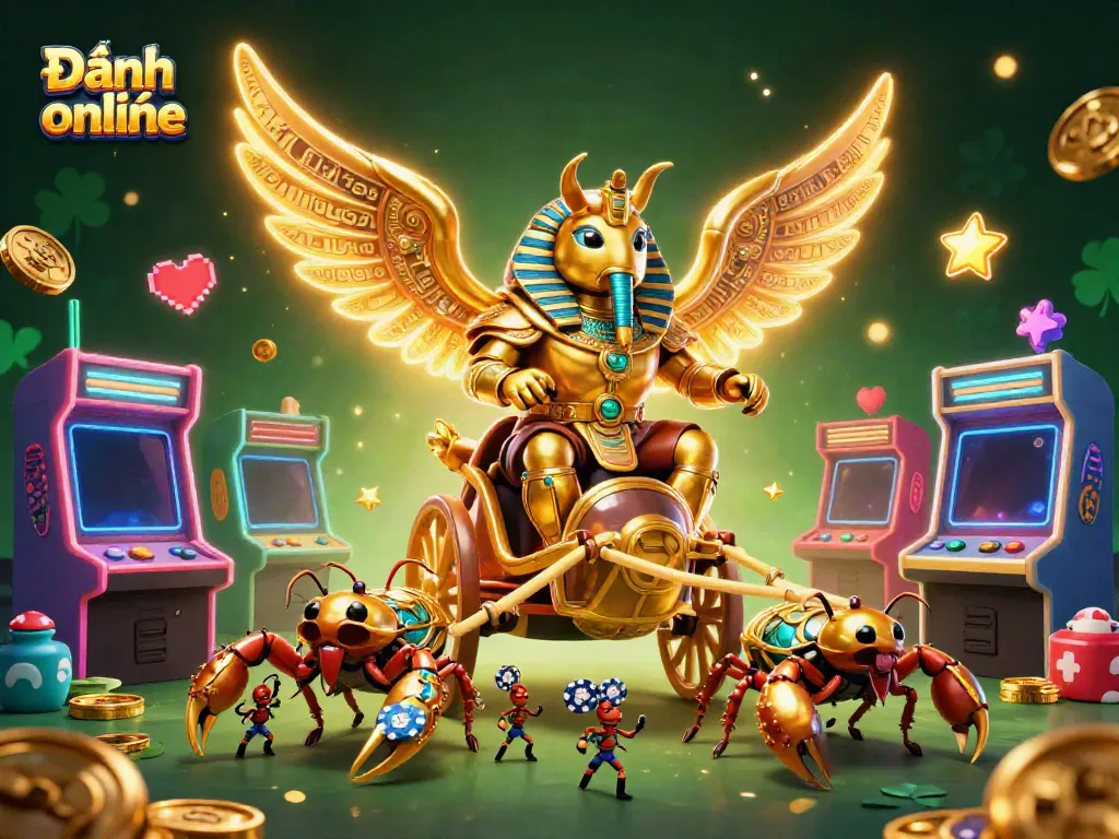 Experience thrilling Đánh đề online illustrated with a golden scarab beetle and scorpion-themed casino setup.